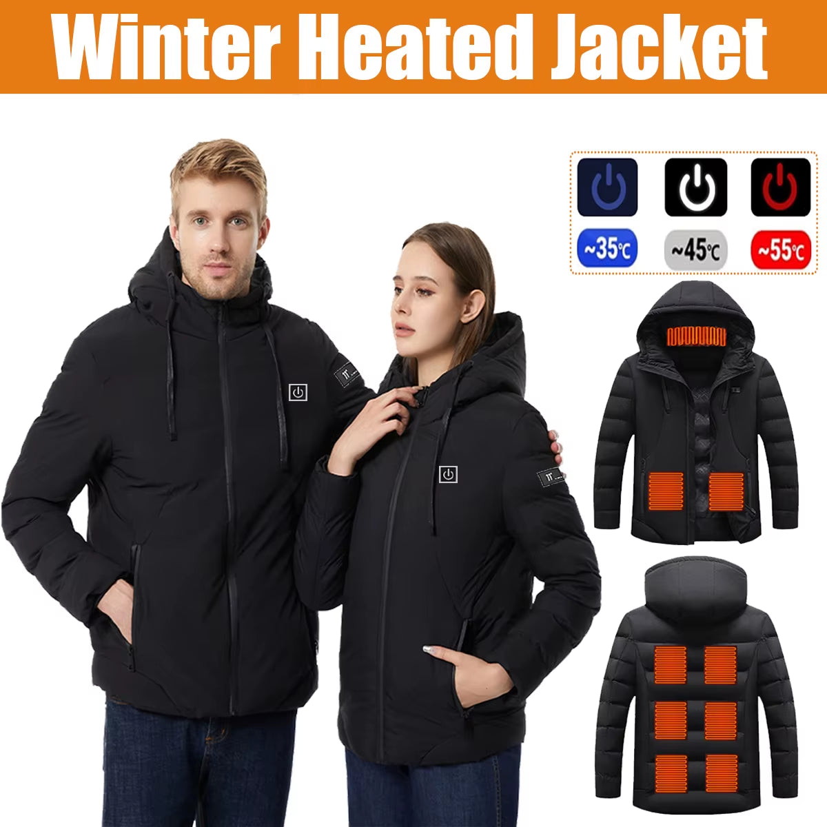 Men'S Heated Jacket, Winter Warm Outdoor USB Electric Heated Jacket with 9 Carbon Fiber Heating Pads, 3 Temperature Levels
